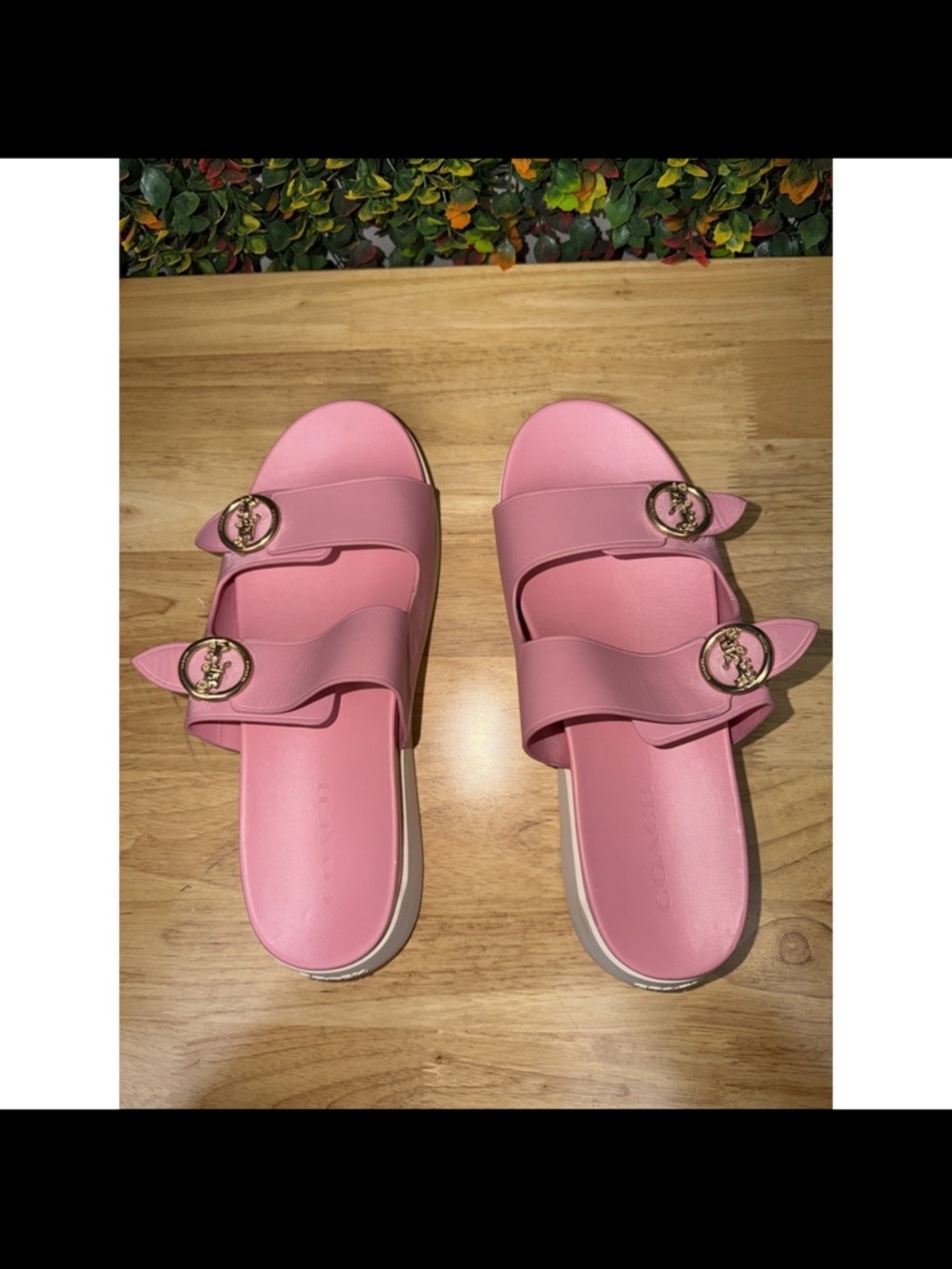 Coach Pink Double-Strap Slide Sandals with Gold Hardware - Picture 6 of 11